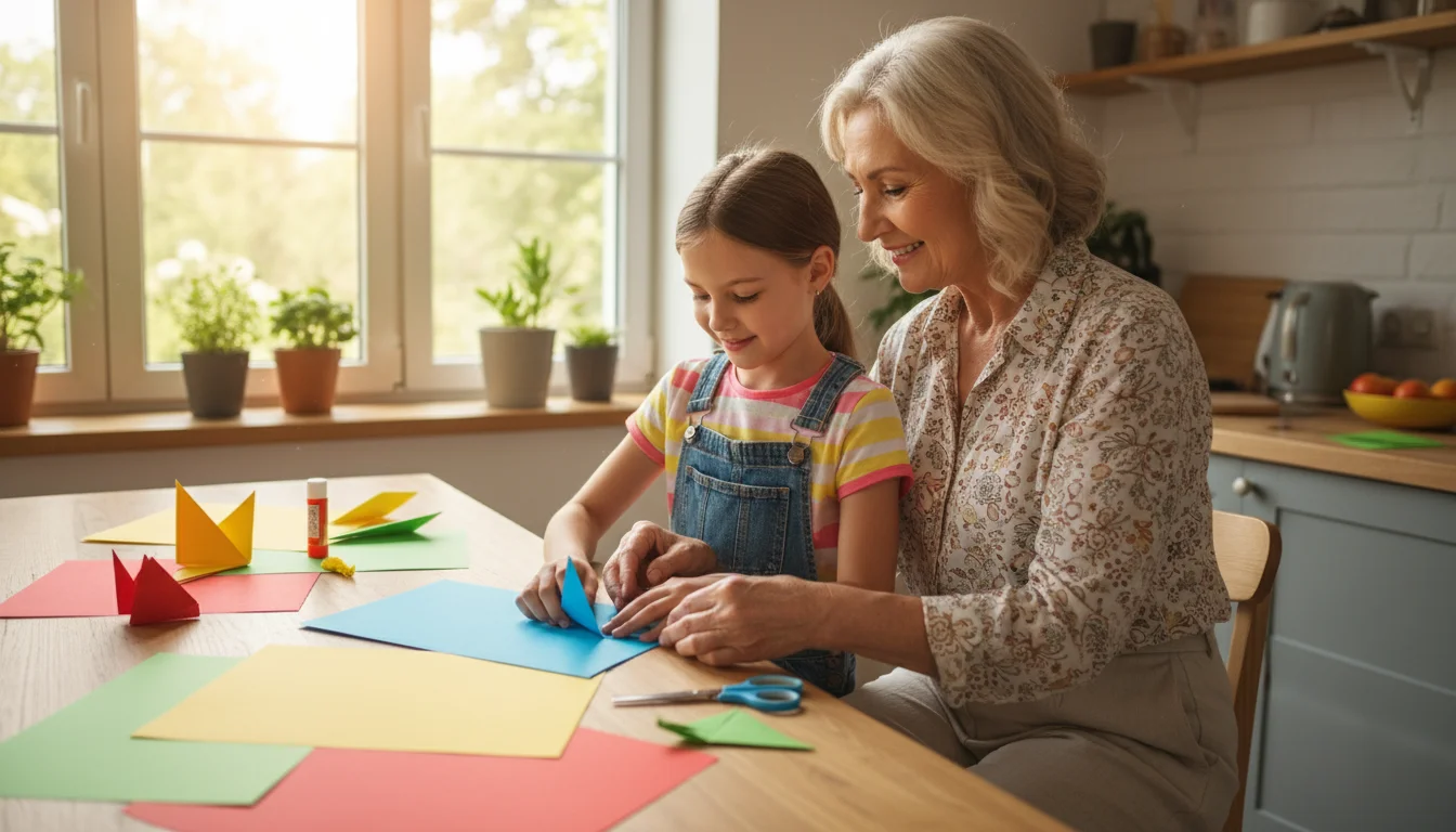 A grandmother gently guides her 8-year-old granddaughter's hands as they create a colorful paper craft together at a kitchen table.