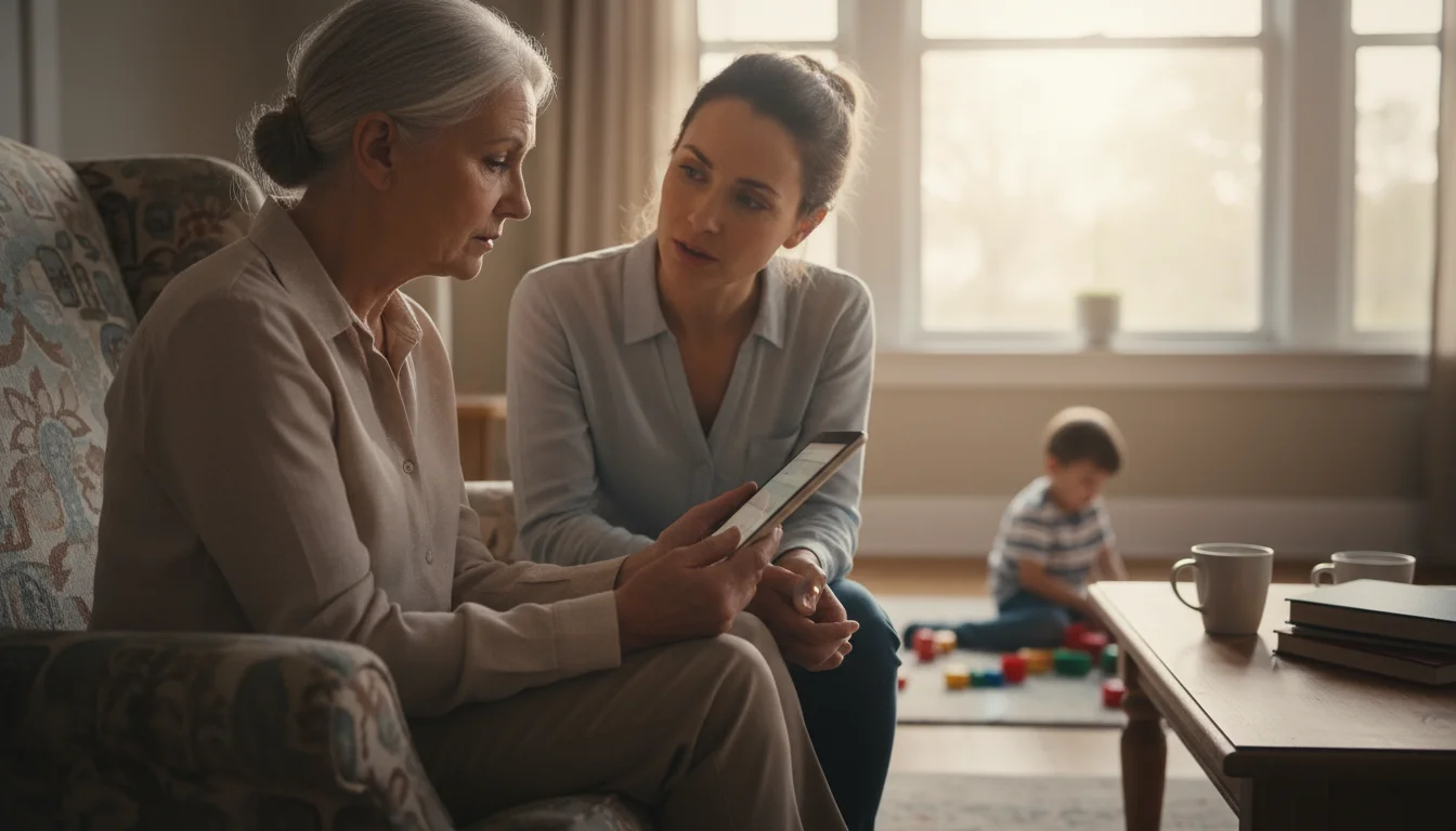 A grandmother and her adult daughter sit in a living room. The grandmother looks at a tablet, while the daughter watches her with concern. A grandchil