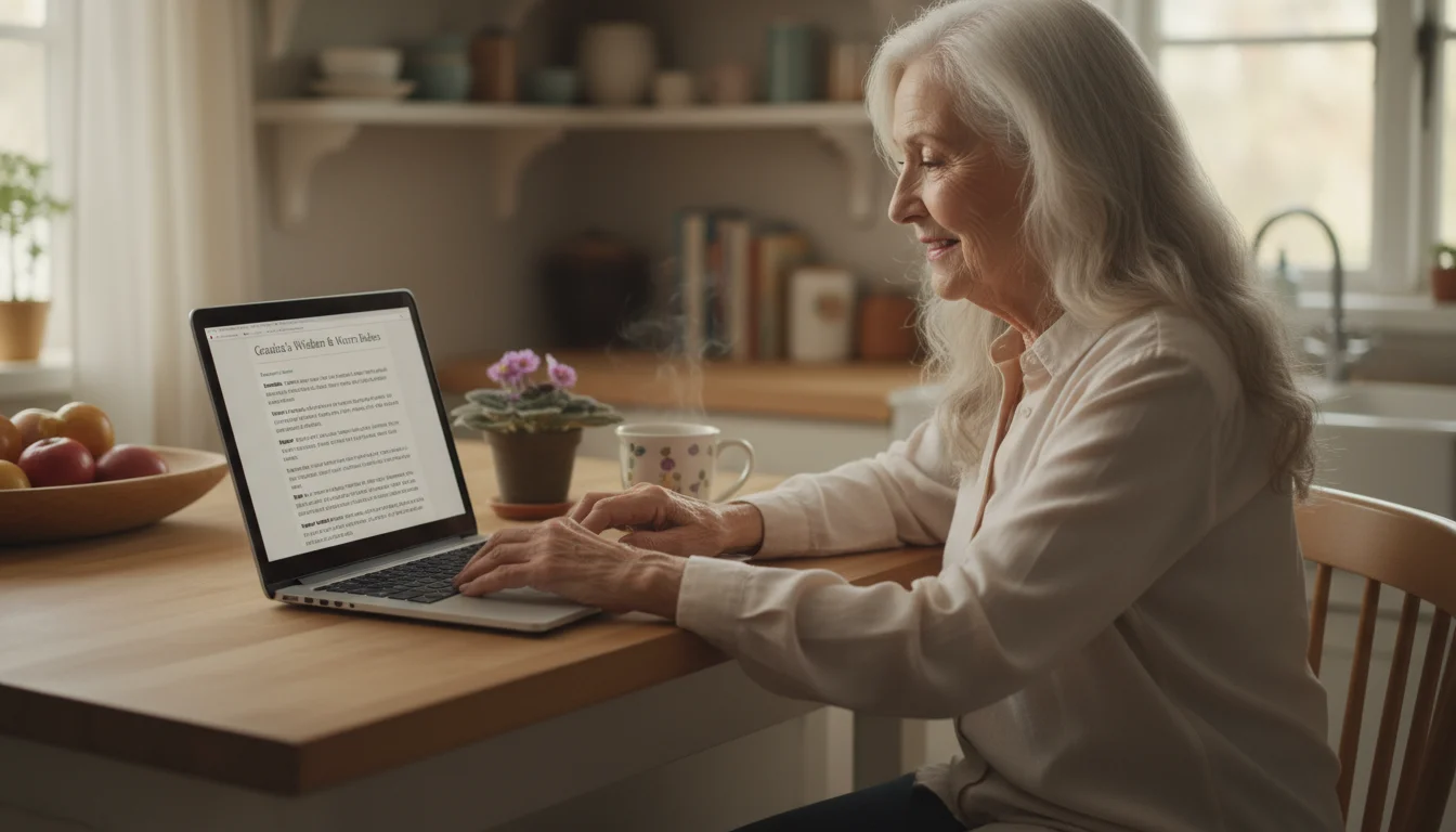 Grandmother in her early 70s, focused on a laptop screen displaying a blog post with short paragraphs and bullet points.