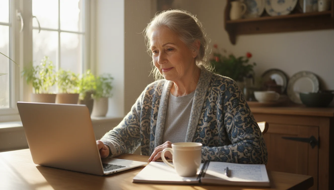 A grandmother in her early 70s, wearing a cardigan, sits at a kitchen table, intently focused on her laptop. An open notebook and tea are beside it.