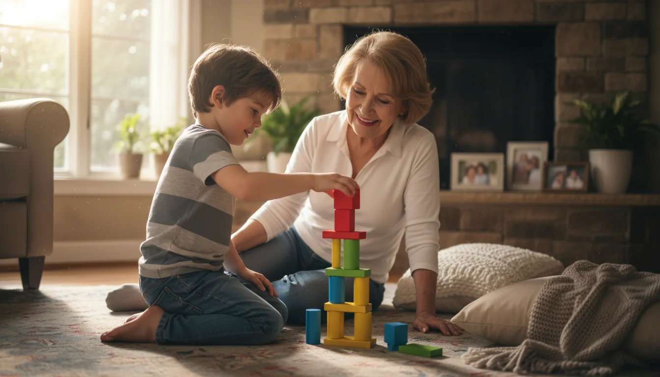 A grandmother and her grandchild laugh while building a block tower together on a living room floor, bathed in soft light.