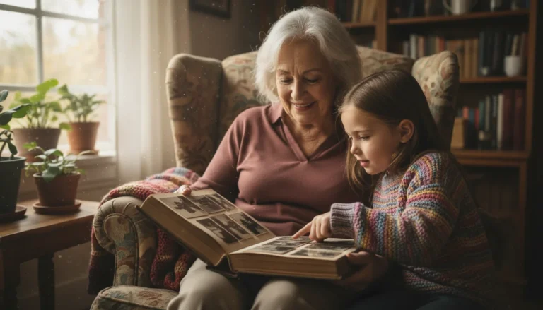 A grandmother and her granddaughter share a moment looking at old photos together in a cozy, warmly lit living room.