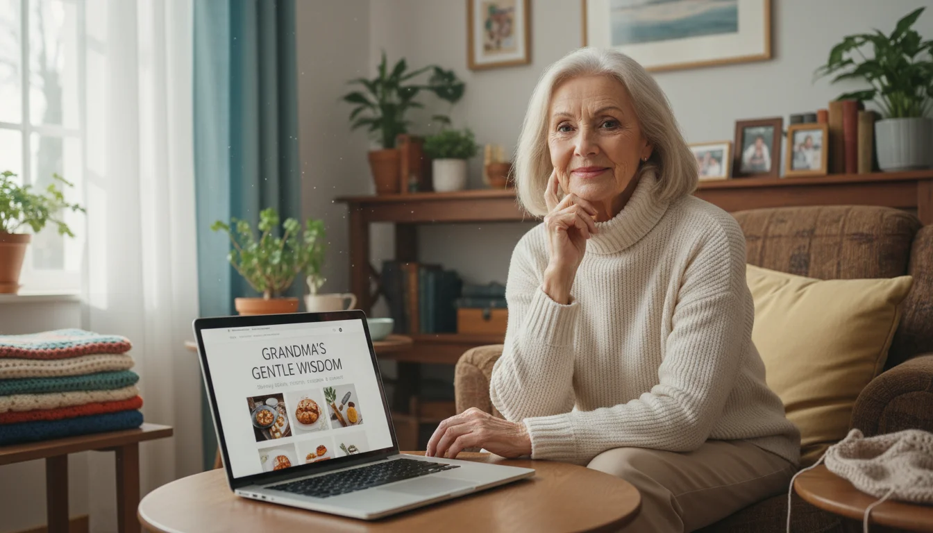 Grandmother (late 60s) in a cozy living room, looking warmly at viewer, hand near chin, laptop with blog open before her.