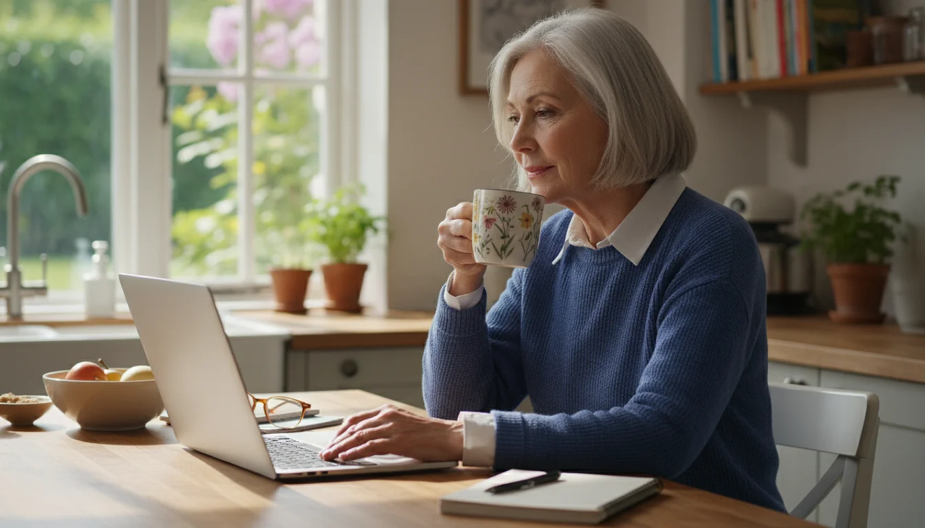 Grandmother, late 60s, focused on a laptop screen with an open notebook of blog ideas beside it at a kitchen island.