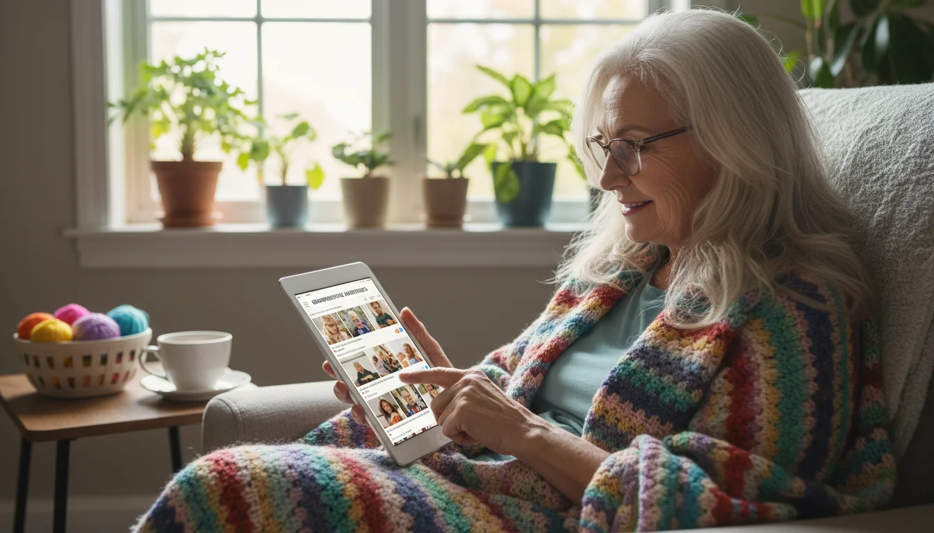 Grandmother, late 60s, smiling, using a tablet to browse a grandparenting Facebook Group in her sunlit living room.