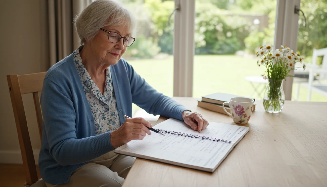 A grandmother in reading glasses sits at a kitchen table, tapping a pen on a spiral notebook open to a calendar with handwritten blog post ideas.