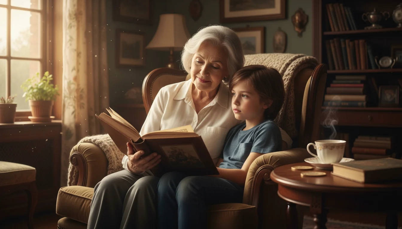 A grandmother reads a storybook to her grandchild on a cozy armchair, sharing thoughtful explanations. Soft sunlight fills the room.
