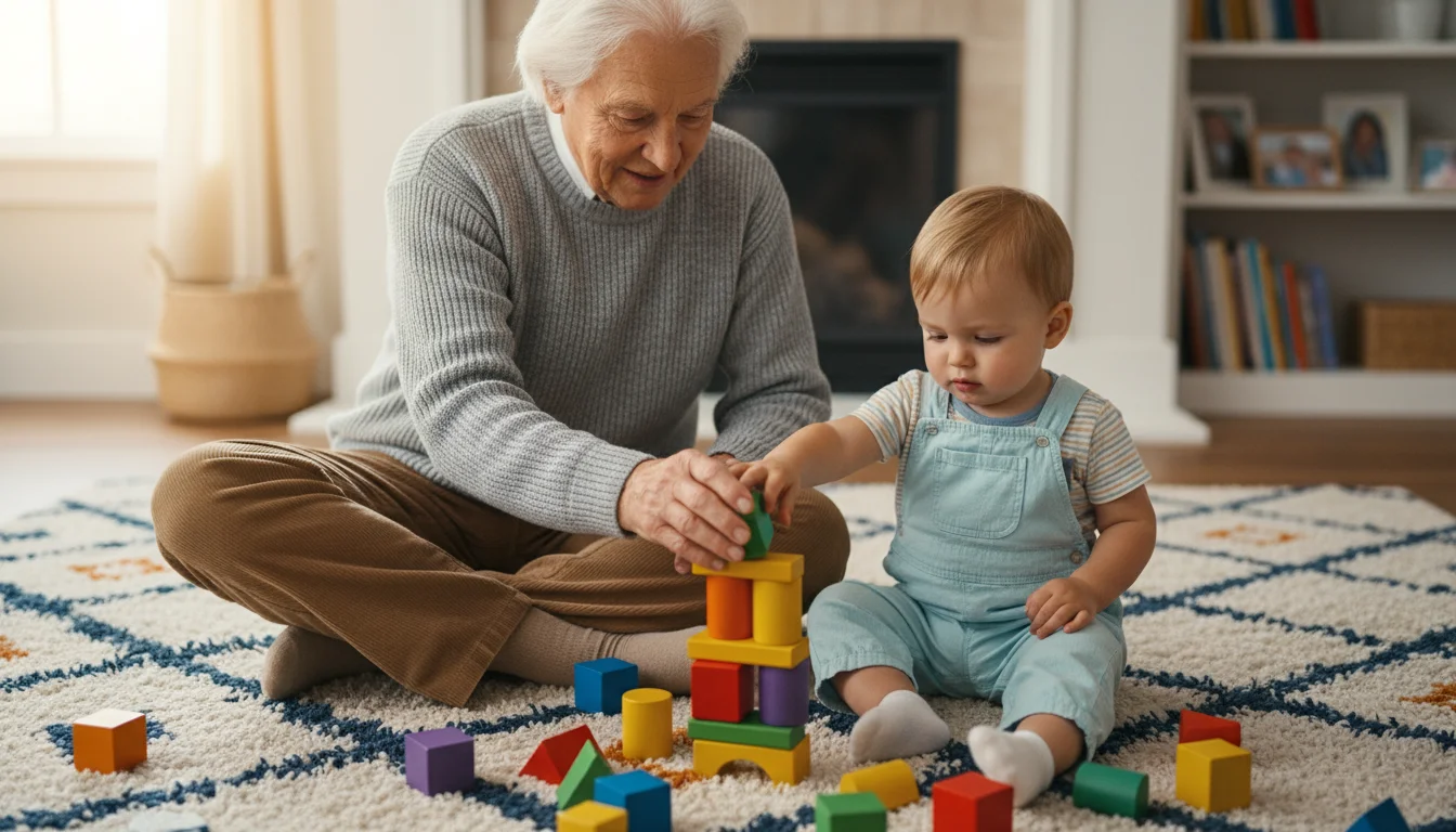 Grandparent and toddler on a rug, stacking colorful wooden blocks. Grandparent gently guides the child's hands.