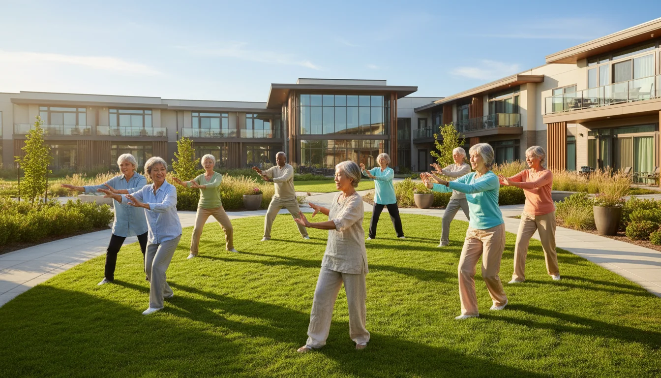 Group of older adults doing Tai Chi outdoors on a sunny lawn, led by an instructor. They are smiling and active in a vibrant community.