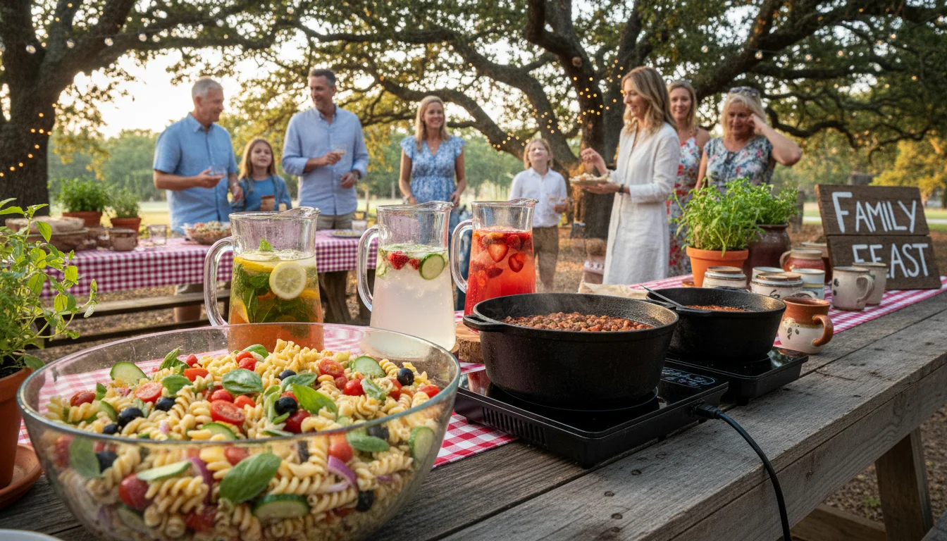 A hand reaches for a serving spoon from a large bowl of pasta salad next to pitchers of bulk drinks at an outdoor family meal.