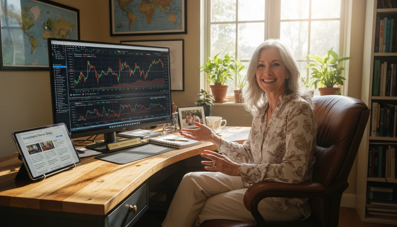 A healthy woman in her early 60s smiles confidently while actively reviewing financial charts on a computer in a sunlit home office.