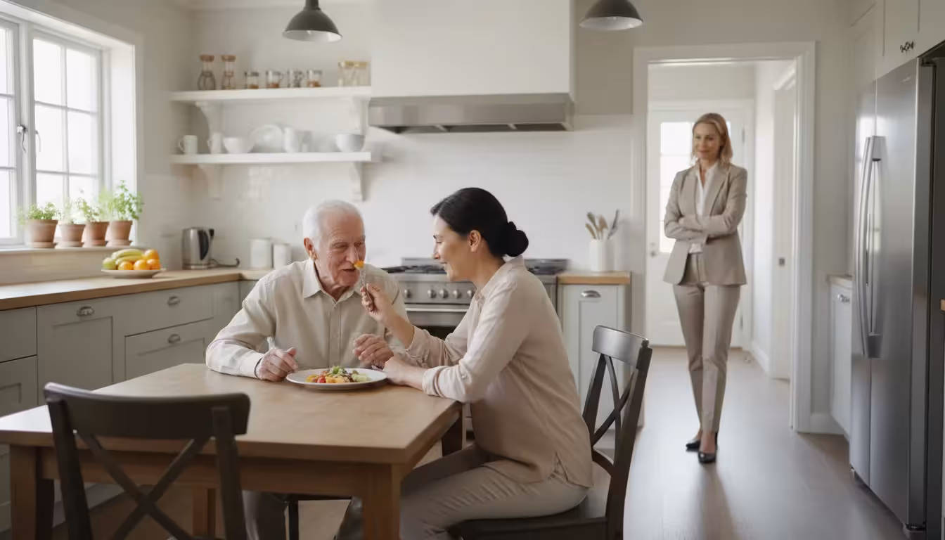 A home care supervisor discreetly watches a kind aide helping an elderly man with his meal in a bright kitchen.