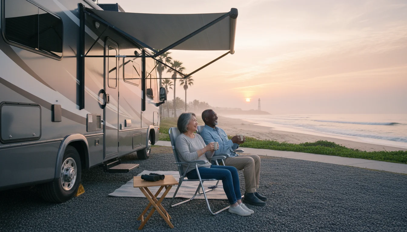 A joyful senior couple, late 60s to early 70s and diverse, sits outside their modern RV at sunrise, sipping coffee and contentedly gazing at a serene 
