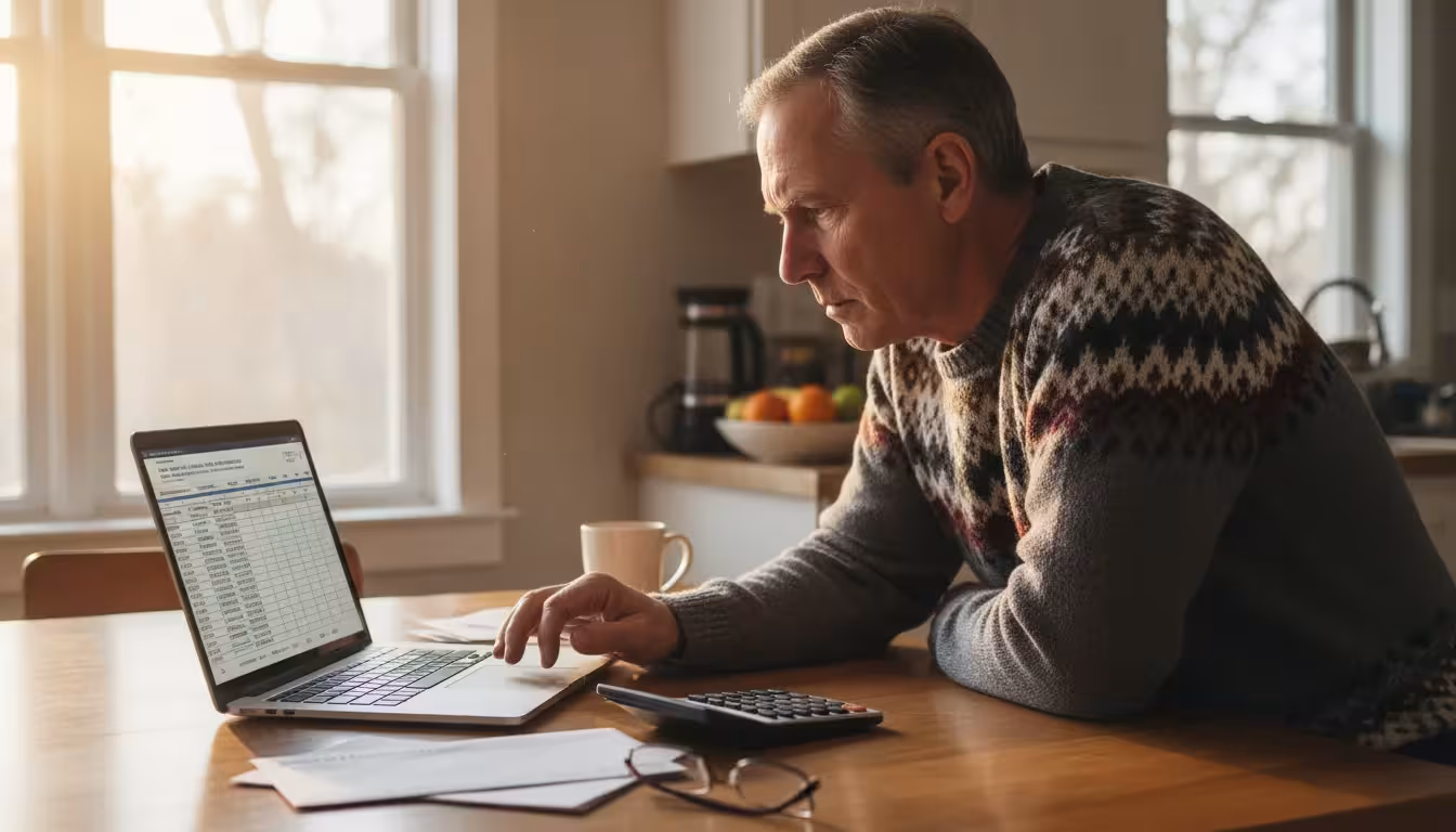 A man in his mid-60s sits at a kitchen table, intently reviewing a financial spreadsheet on his laptop next to Social Security letters and a calculato