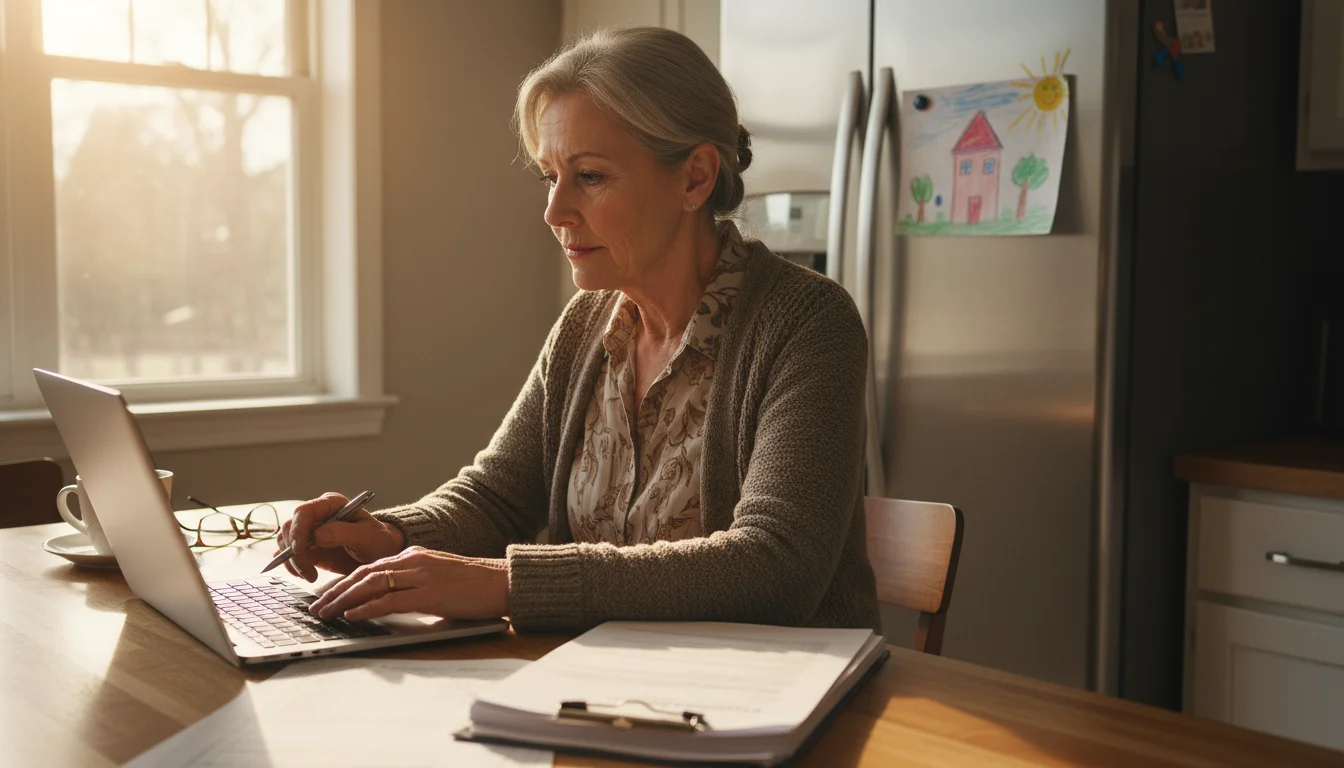 Maria, a woman in her 60s, sits at a kitchen island, reviewing a laptop and mortgage documents, with a child's drawing on the fridge.