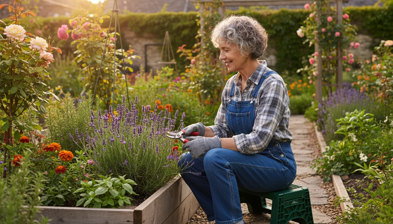 A mid-70s woman sits comfortably on a green garden kneeler, used as a low seat, pruning herbs in a sunny raised garden bed.