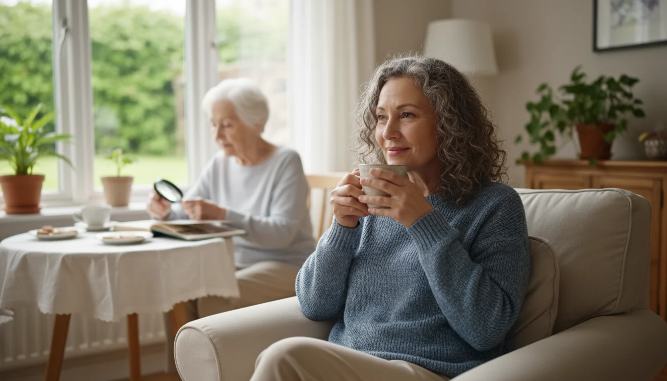 A middle-aged woman in a bright living room, smiling softly and sipping from a mug. In the background, an older woman and a caregiver are engaged in a