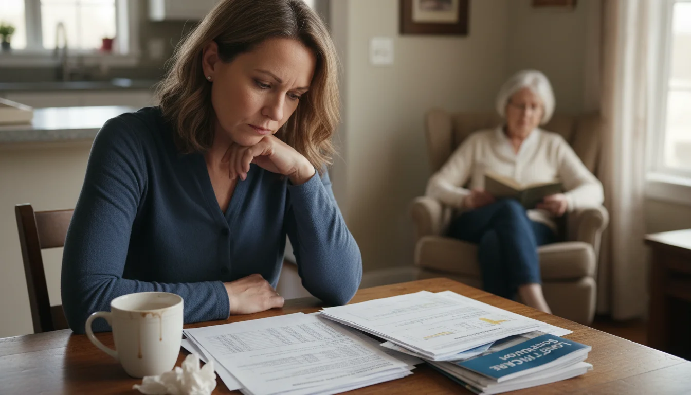 A middle-aged woman reviews financial documents at a kitchen table with a worried expression, an older woman sits in the background.