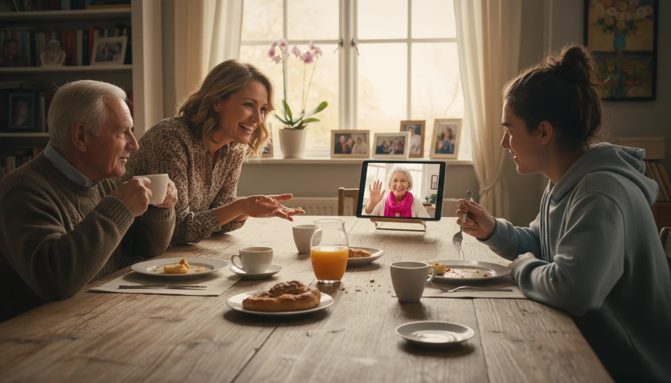 Multi-generational family around a dining table, interacting with a tablet showing a cheerful woman on a video call. Natural light.