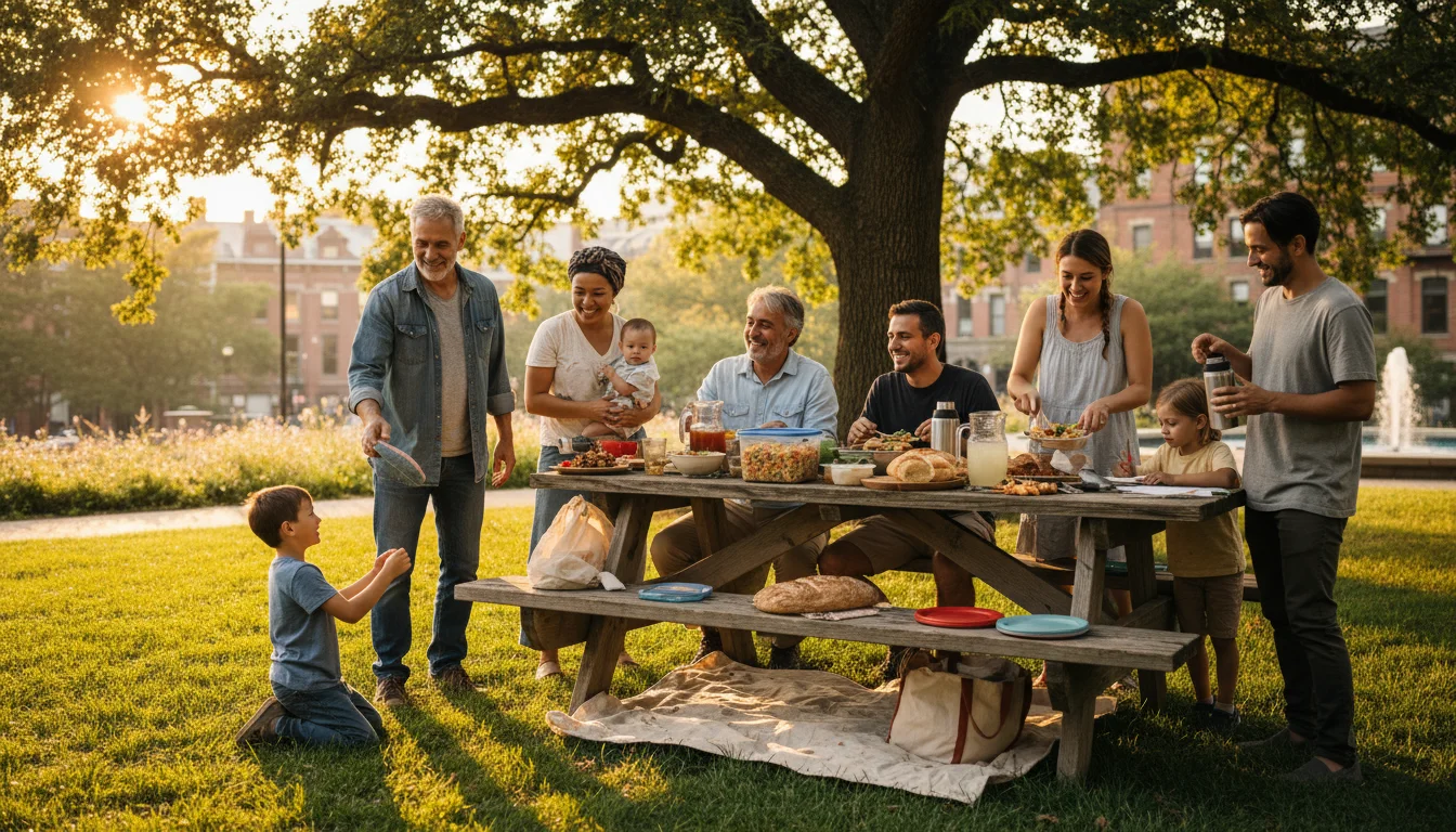 Multi-generational family having a relaxed weekday potluck picnic at a park table under a tree, with an older man playing frisbee with a child.