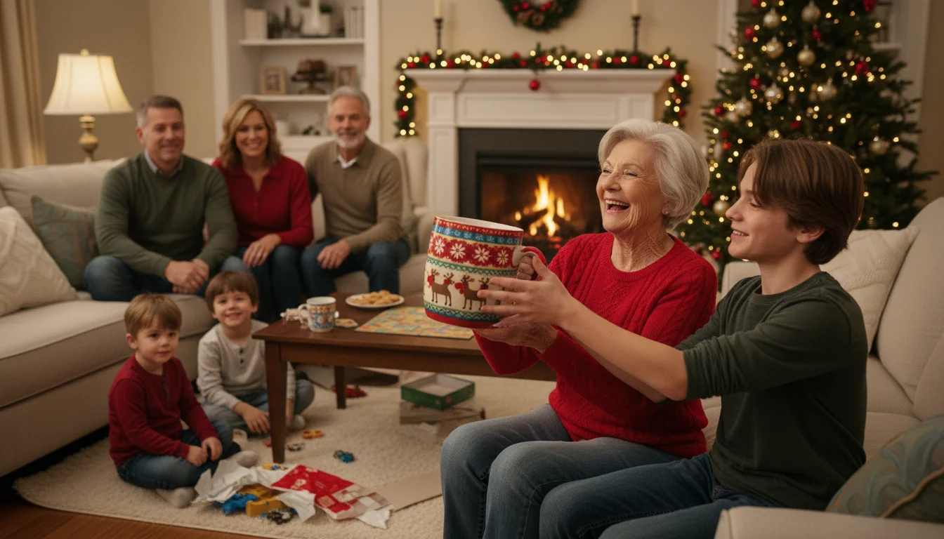 A multi-generational family laughs during a gift exchange. An older woman holds a large, humorous mug while a teenager reaches for it.