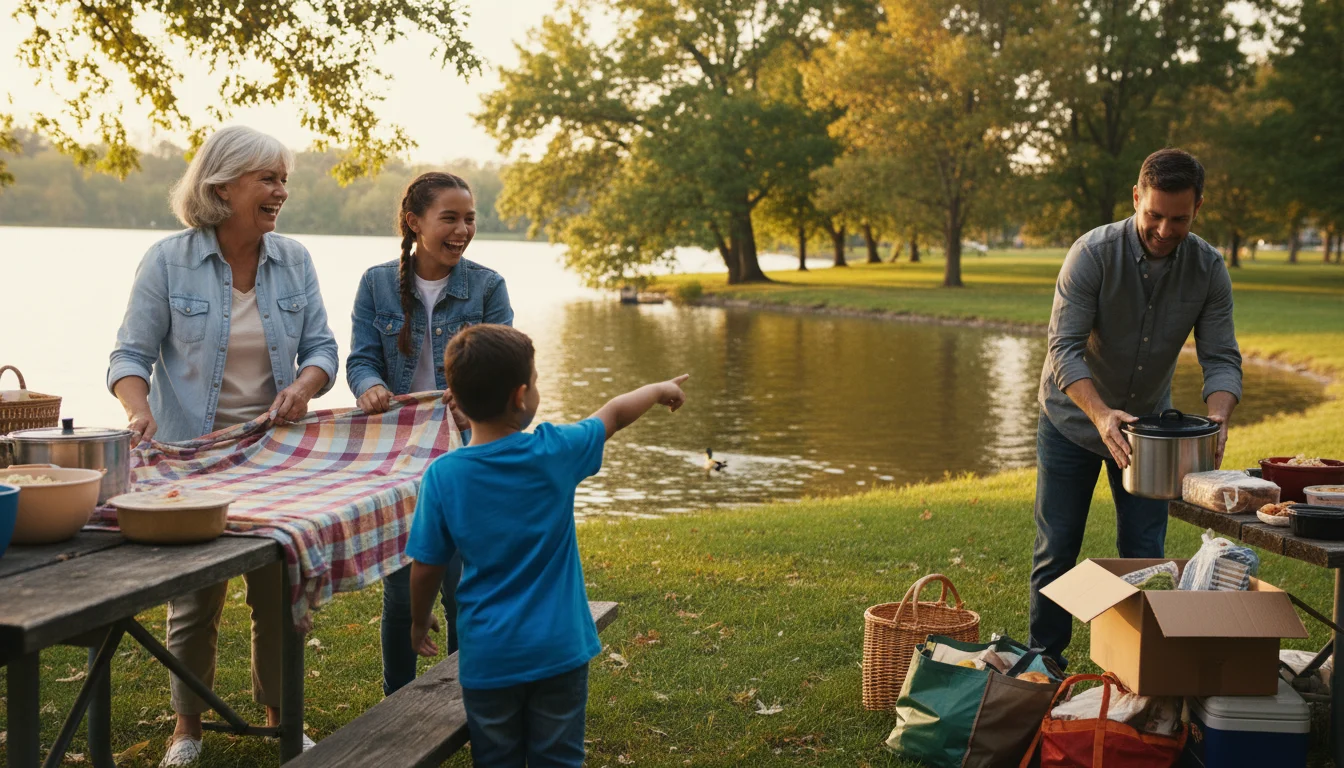 A multi-generational family setting up a potluck in a community lakeside green. A grandmother and granddaughter laugh unfolding a tablecloth.