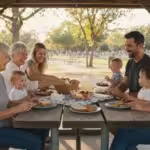 A multi-generational family shares a picnic at a wooden table in a park pavilion, laughing together.