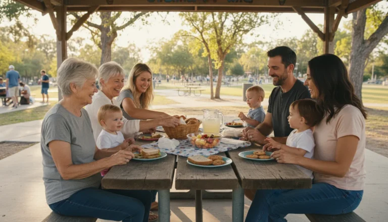 A multi-generational family shares a picnic at a wooden table in a park pavilion, laughing together.