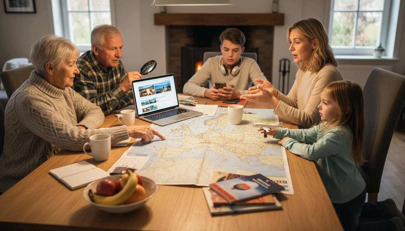 A multi-generational family sits around a dining table planning a vacation. Grandparents, parents, and children interact with a laptop, maps, and broc