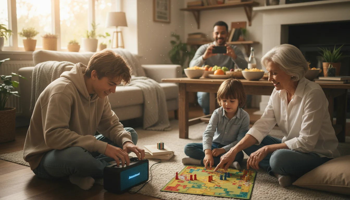 Multiple family members of different ages engaged in various tasks during a gathering: a teen manages music, a grandparent plays a game with a child, 