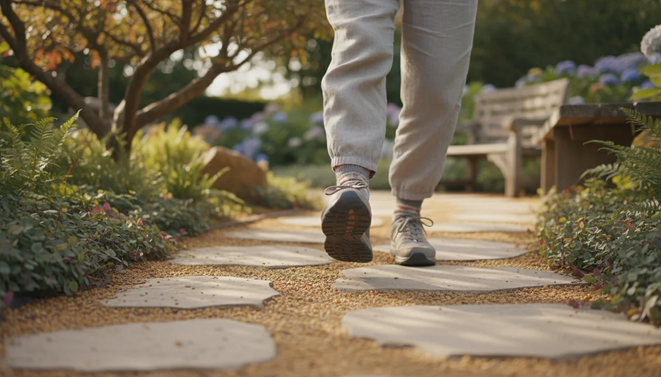 An older adult's feet slowly step onto a textured garden path, seen from a low angle, emphasizing deliberate movement.