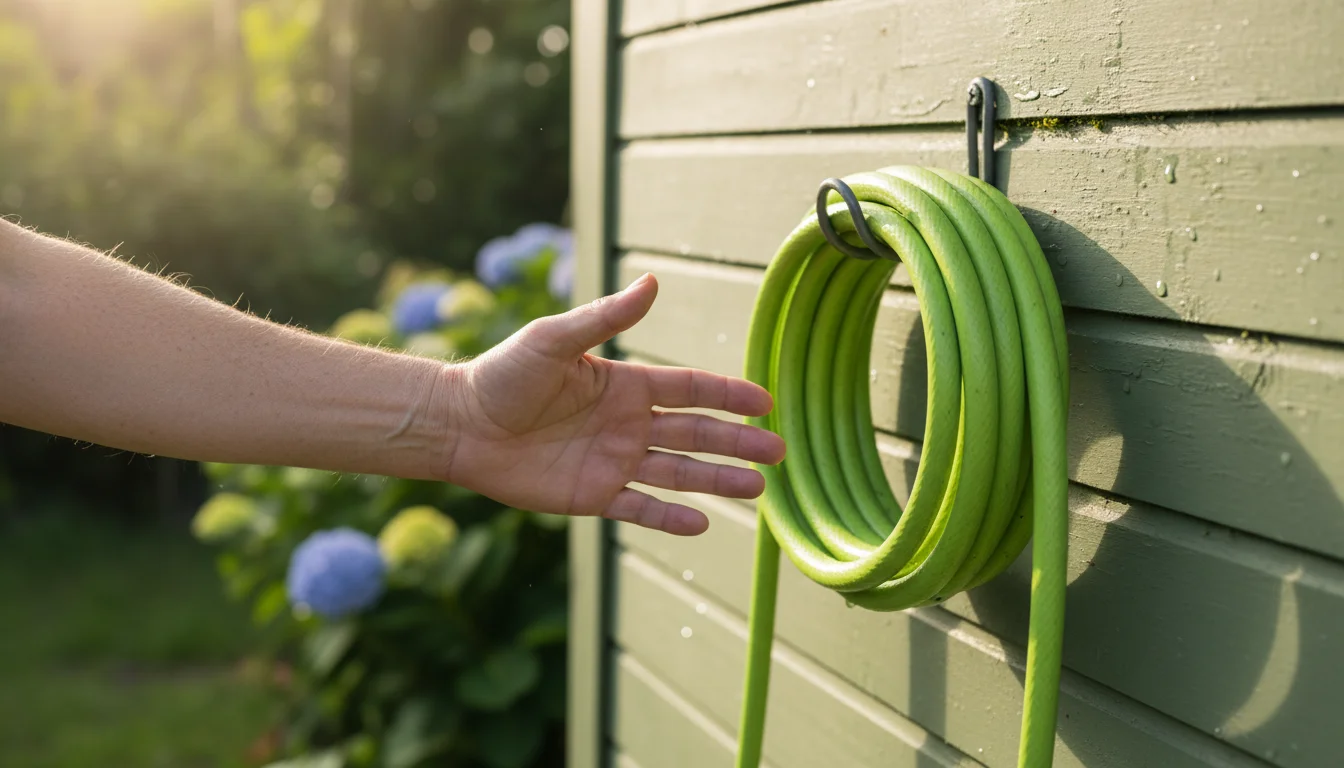 An older adult's hand easily reaching for a compact, self-coiling garden hose hanging on a weathered shed wall.