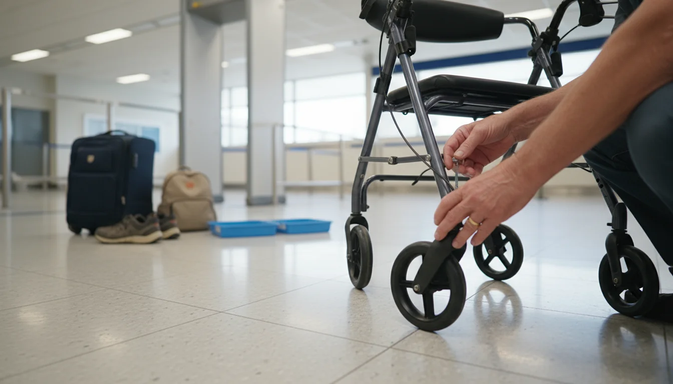 Older adult's hands reattaching a wheel to a silver rollator walker on an airport floor after security, bags nearby.