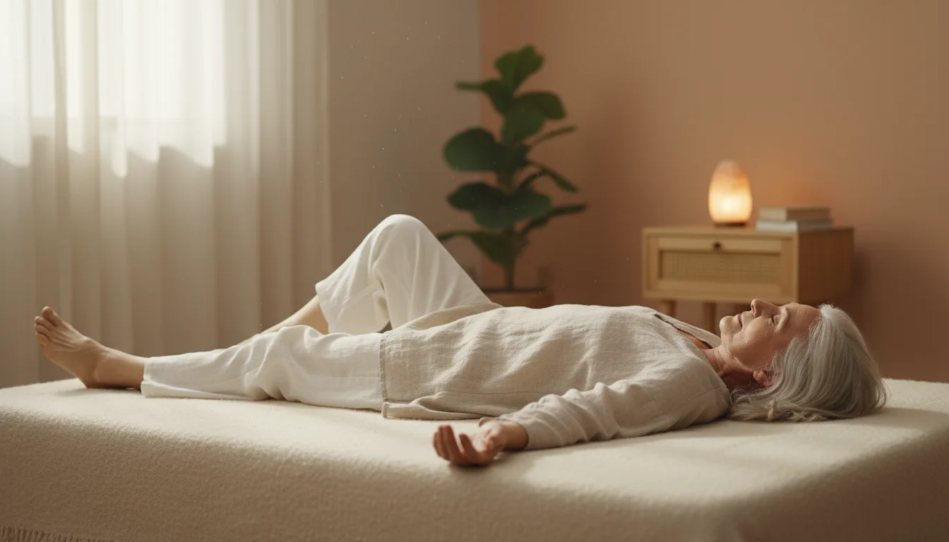 Older adult lying on their back on a light blanket, eyes closed, hands open, bare feet relaxed in a softly lit room.