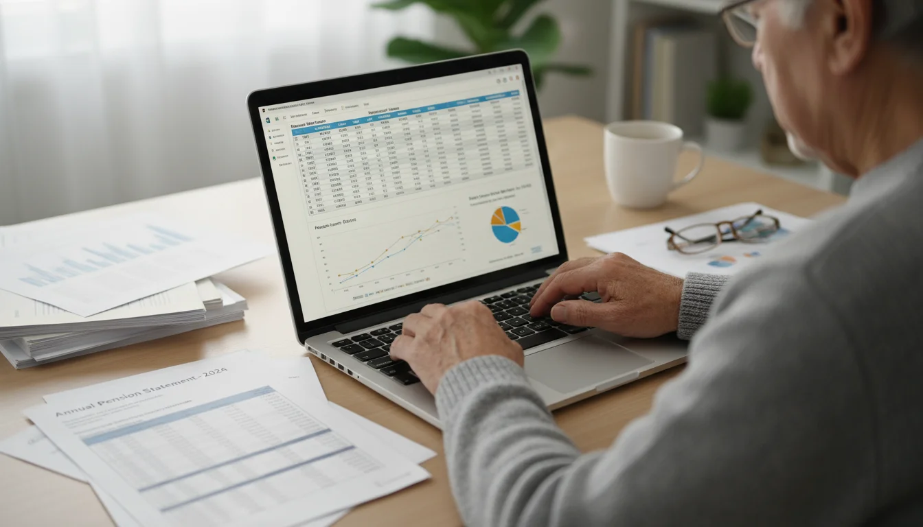 An older adult from an over-the-shoulder view, intently studying a financial spreadsheet on a laptop, with pension documents on a wooden desk.