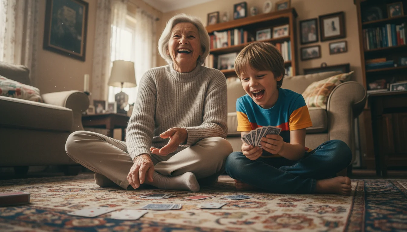 An older adult and a young child laugh together while playing a card game on a living room floor.