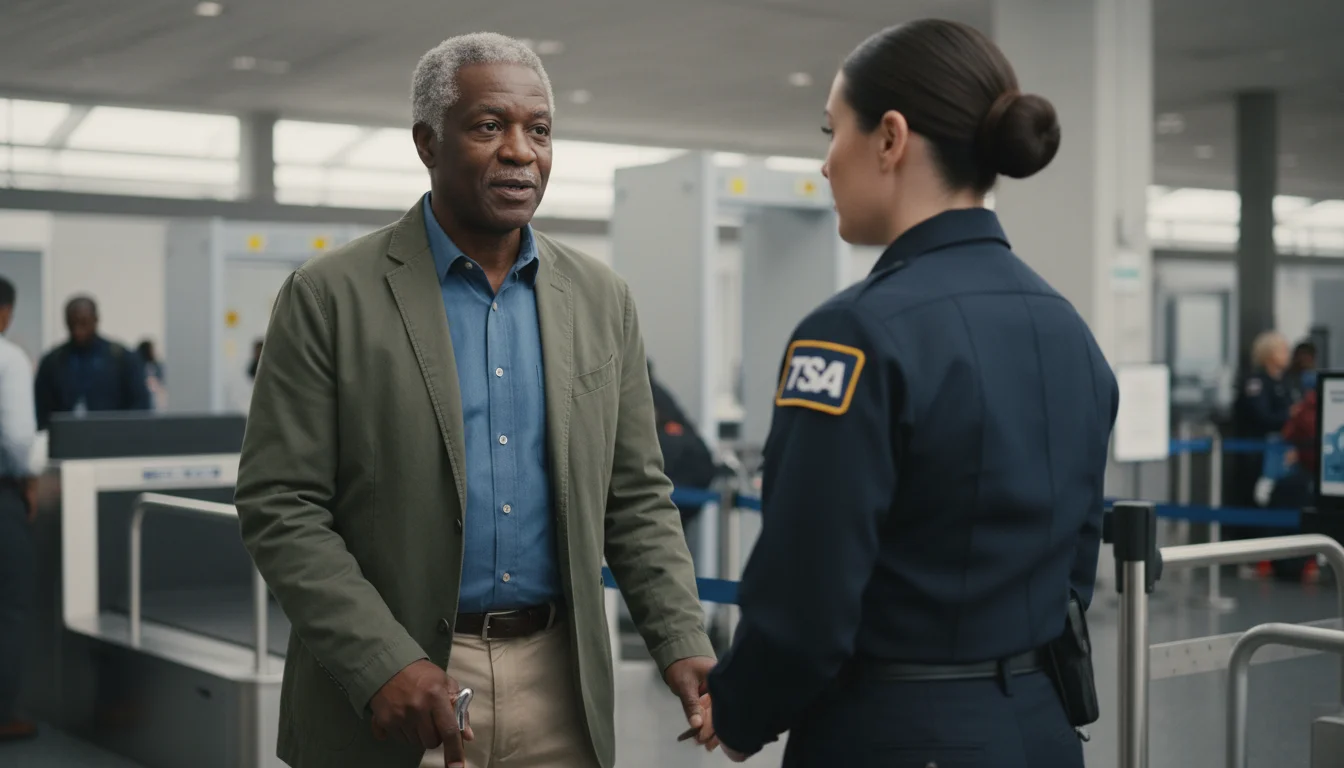An older African American man with a cane speaking clearly to a female TSA officer at an airport security checkpoint.