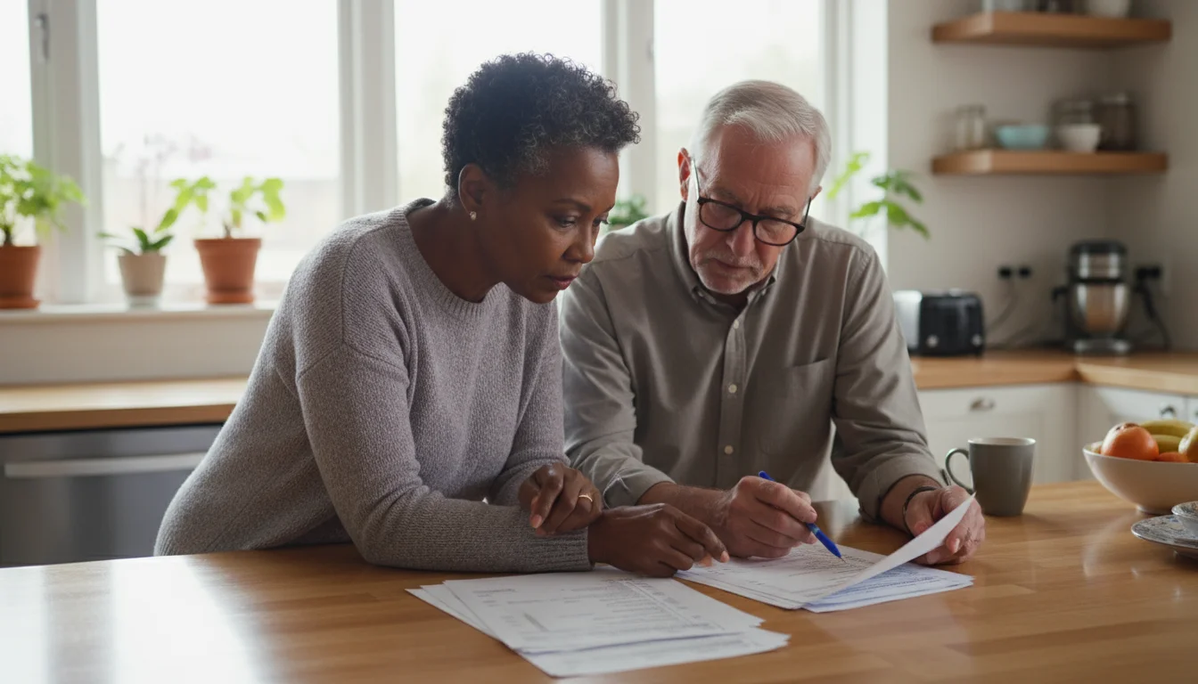 An older African American woman and Caucasian man sit at a kitchen island, reviewing tax or insurance documents. The man points to a line.