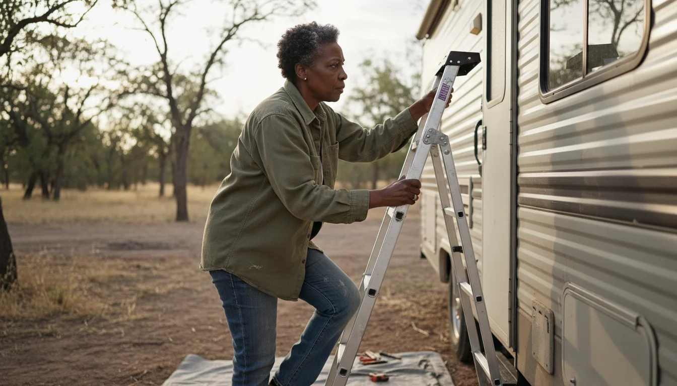 An older African American woman in practical clothes carefully climbs a ladder against her RV, looking up at the roof in a rustic campground.