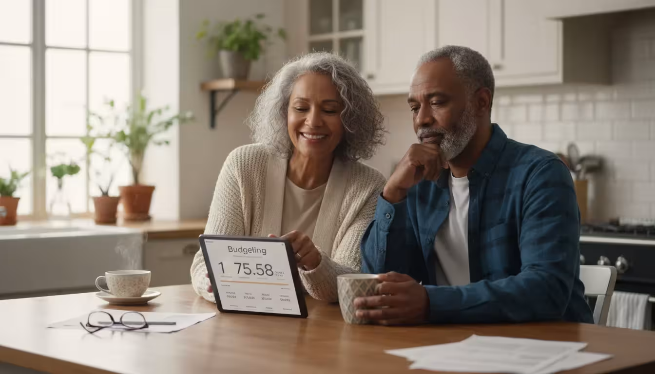 An older biracial couple reviewing a budgeting app on a tablet at their kitchen island, bathed in soft morning light.