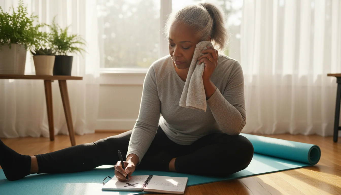 An older Black woman sits on a yoga mat in a sunlit living room corner, marking a calendar after a home workout. Light hand weights are nearby.