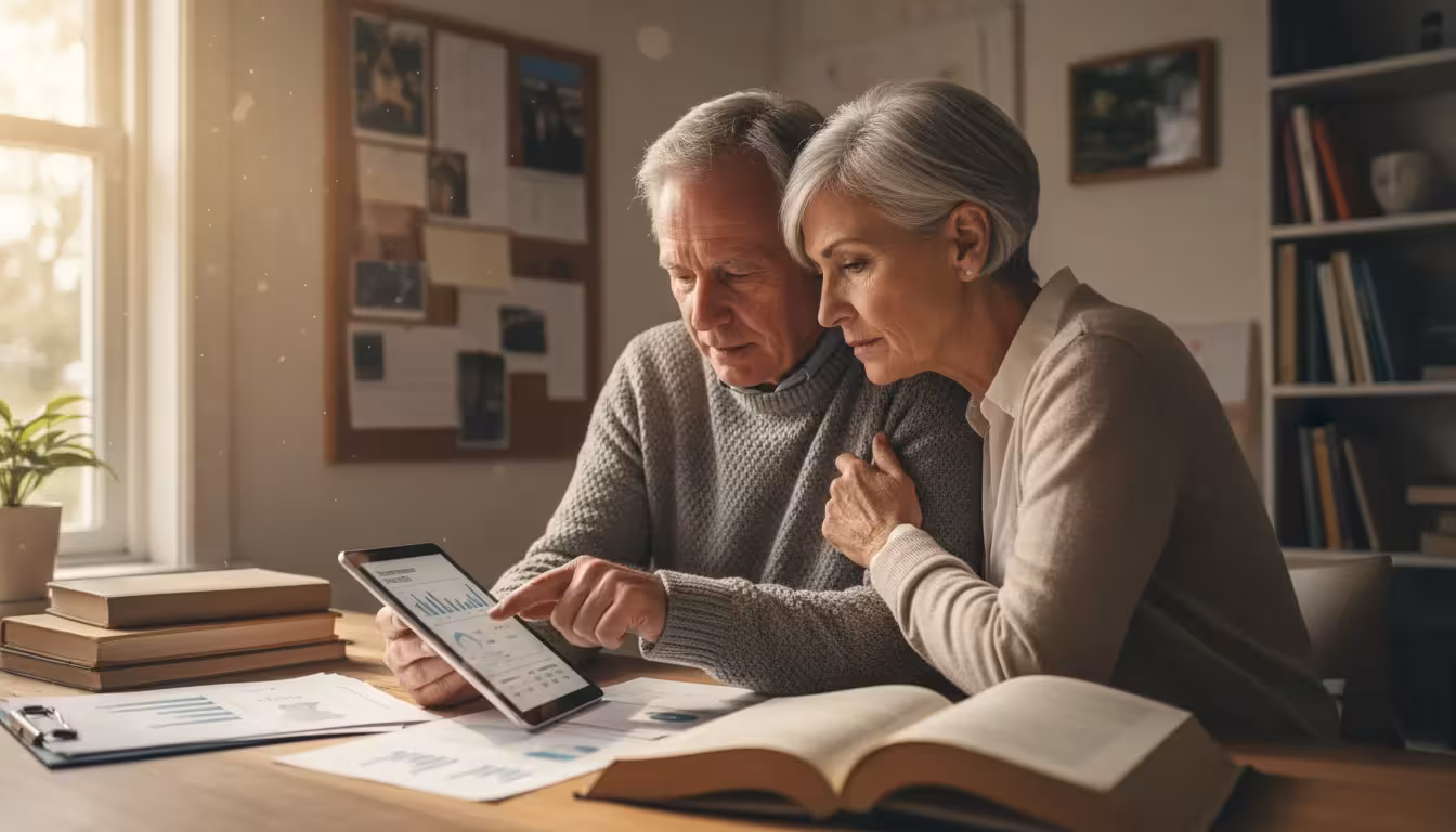 An older couple at a desk, one pointing at a document on a tablet, the other listening, engaged in retirement planning.