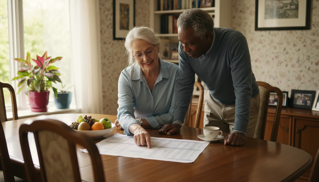 An older couple at a dining table, the wife pointing to a financial document while her husband listens intently.