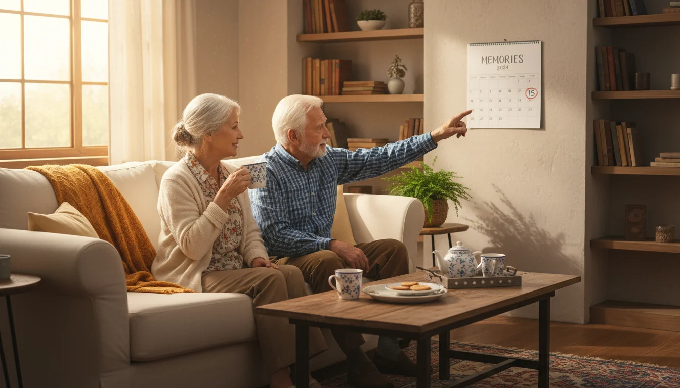 An older couple, early 70s, sits on a sofa in a sunlit living room. The woman sips tea, smiling gently, while her husband points to a calendar.