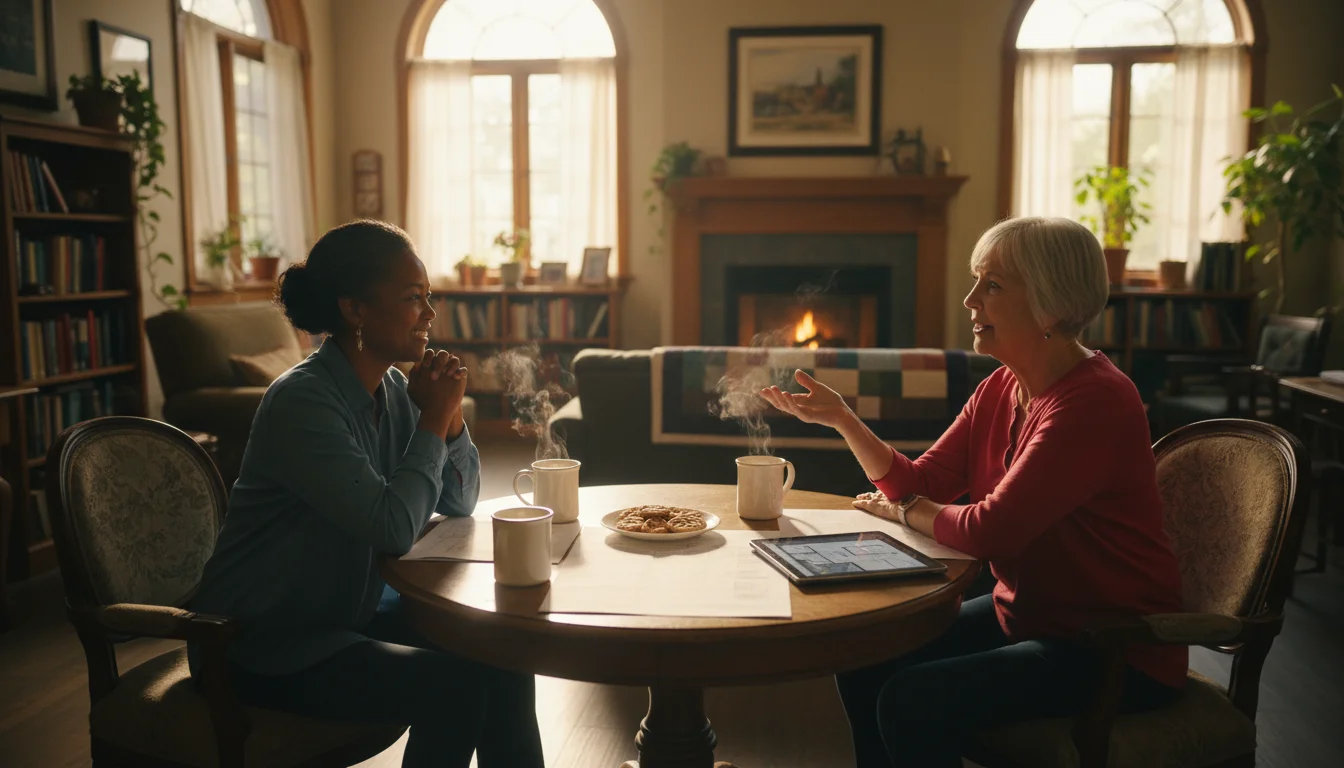 An older couple intently conversing with a smiling resident in a bright common room, tea and a tablet on the table.
