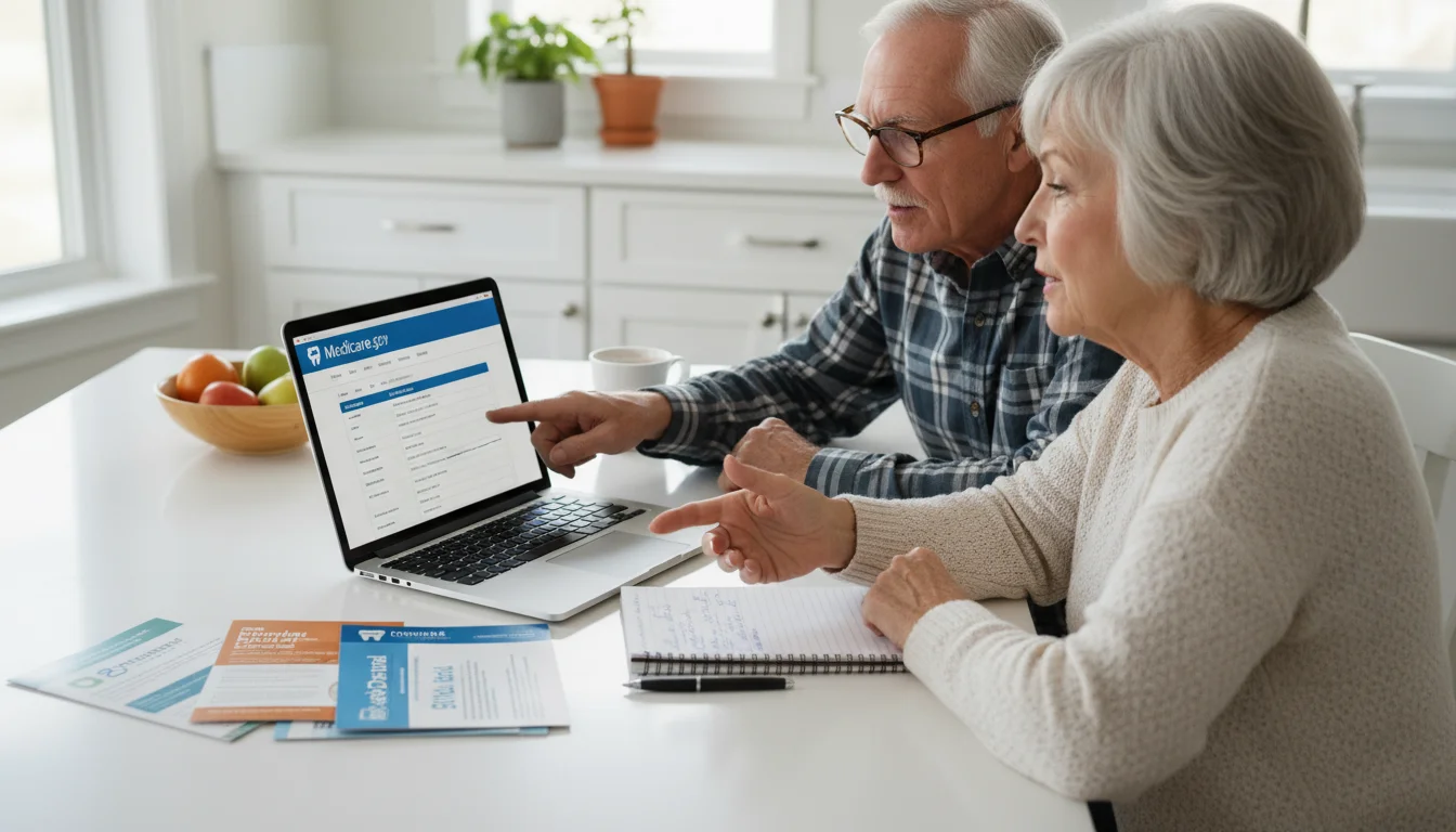 An older couple intently reviewing dental insurance documents and a laptop on their kitchen table, discussing health plan options.