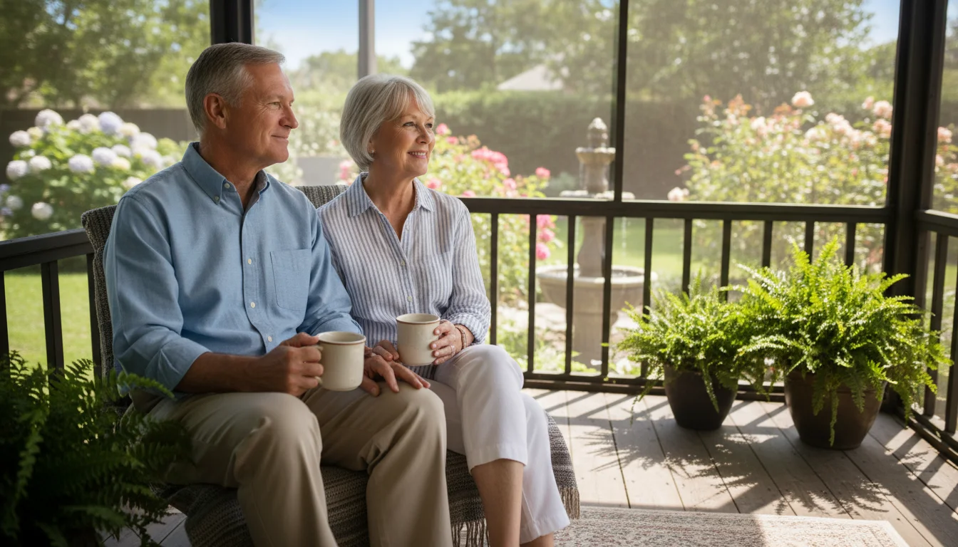 An older couple, John and Mary, sit on a sunlit screened porch, holding mugs and looking out at a garden.