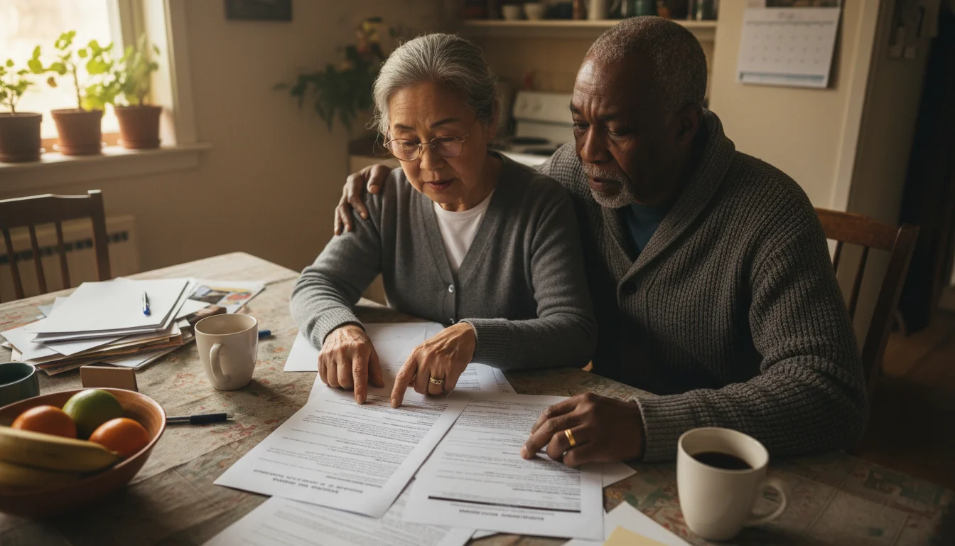 An older couple at a kitchen table, intently reviewing long-term care insurance documents, one pointing to a clause.