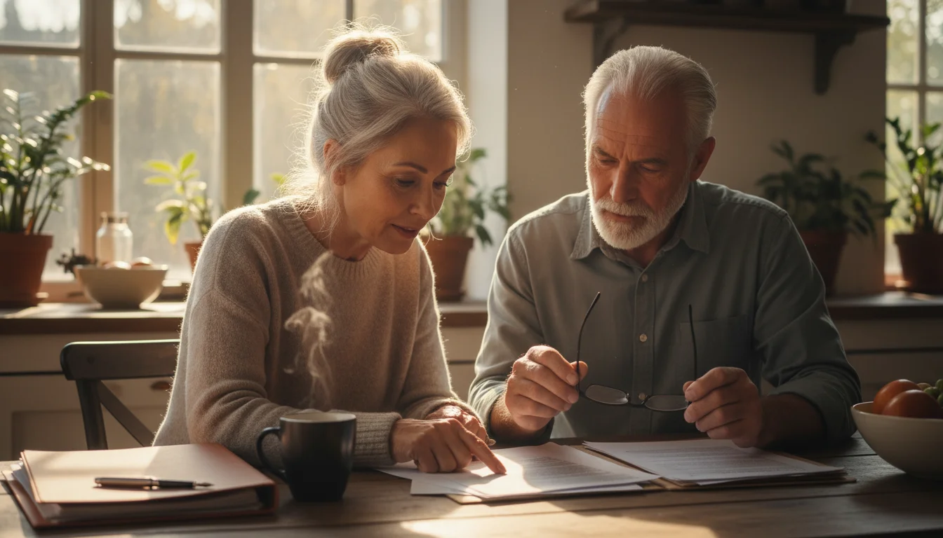 An older couple at a kitchen table, reviewing papers together. The woman points to a section while the man looks intently.