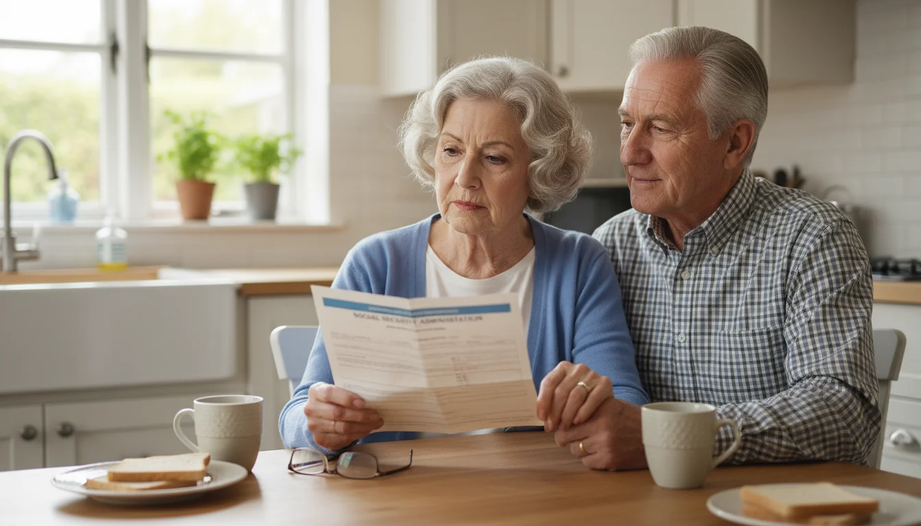 An older couple, 70s, at a kitchen table. Woman holds a financial statement, man looks at a medical bill, both appear thoughtful.